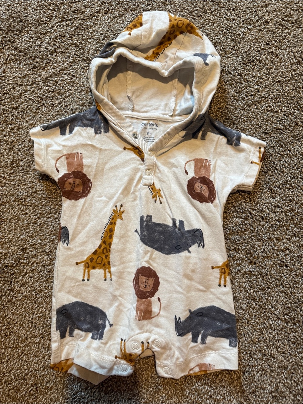 Carter's Cream Hooded Romper with Safari Animal Print in Brown, Mustard & Gray
